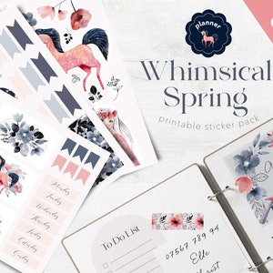 May include: Printable sticker pack with a whimsical spring theme. The stickers feature watercolor illustrations of flowers, birds, a unicorn, and a girl with a flower crown. The pack includes a variety of sizes and shapes, including banners, circles, and squares. The stickers are perfect for adding a touch of whimsy to planners, journals, and other paper crafts.