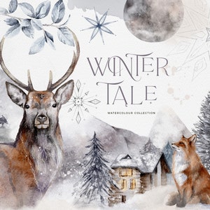 Clipart de Noël d’hiver, clipart aquarelle, éléments de logo, montagnes enneigées, flocons de neige de lune, renard d’écureuil de cerf, art de Noël, neige