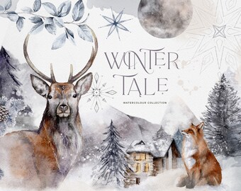 Winter Christmas clip art, watercolour clipart, logo elements, snowy mountains, moon snowflakes, stag squirrel fox, christmas art, snow