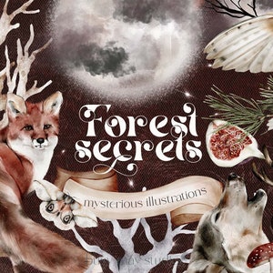 ForestSecrets Mystery Illustrations / Forest Animals Moons Leaves Mushrooms / Celestial Mystic Oracle Tarot / Autumn Seamless Patterns