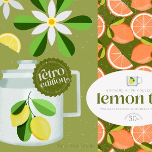 Lemon Tea Illustrations Gouache | Citrus Fruit | Summer Seamless Patterns | Digital Papers Pack | Lemon Pattern| Retro Style Mid Century