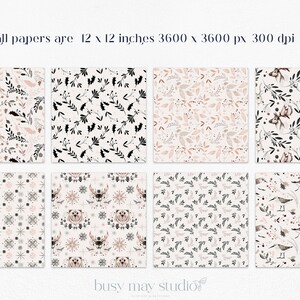 May include: Set of eight digital paper patterns featuring a winter theme with black, white, and pink floral, animal, and snowflake designs.  "all papers are 12 x 12 inches 3600 x 3600 px 300 dpi" and "busy may studio" are printed on the image.