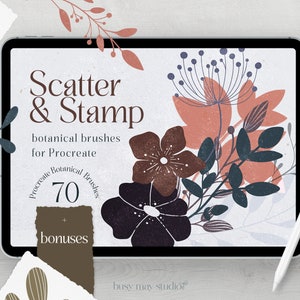 May include: A digital illustration of a tablet screen displaying a set of 70 botanical brushes for Procreate, with the text "Scatter & Stamp" and "Procreate Botanical Brushes 70" on the screen. The image also includes a paper note with the text "bonuses" and a stylus pen.