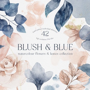 Blauwe bladeren blozen bloemen bloemen, aquarel clipart, logo elementen, digitale folie clip art, roségouden stof, frames, aquarel slagen