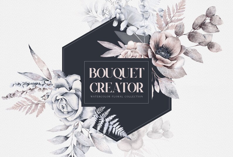 Puede incluir: Ilustraciones florales de acuarela en tonos grises y rosas, con rosas, an&eacute;monas y helechos. El texto "BOUQUET CREATOR WATERCOLOR FLORAL COLLECTION" se muestra sobre un fondo hexagonal negro.
