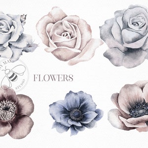 Puede incluir: Un conjunto de seis ilustraciones de acuarela de flores en tonos azules, rosas y morados. Las flores est&aacute;n dispuestas en un patr&oacute;n circular y est&aacute;n etiquetadas como "FLOWERS".