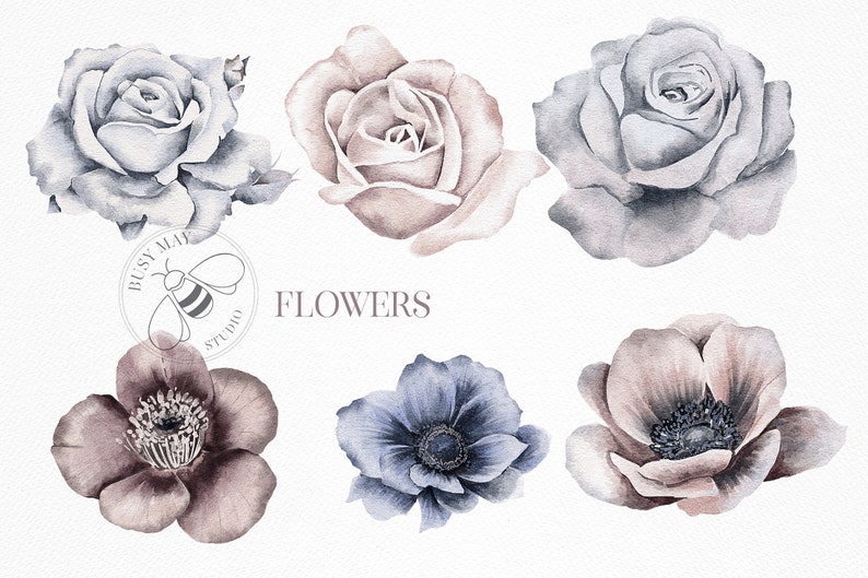Puede incluir: Un conjunto de seis ilustraciones de acuarela de flores en tonos azules, rosas y morados. Las flores est&aacute;n dispuestas en un patr&oacute;n circular y est&aacute;n etiquetadas como "FLOWERS".