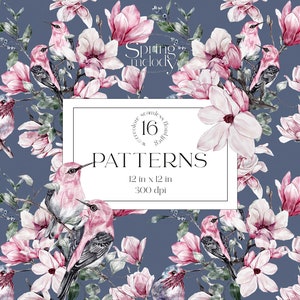 Aquarel Bloemen Patronen Bladeren Vogels Magnolias Valentines Wedding Digital Paper Pack Hand Painted PNG Digitale Achtergrond Lente