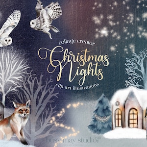 Kerstnachten illustraties | Handgetekende kerstillustraties | Engelse Huizen Kerken Winter Kerst | Fox uil kunst | Rode brievenbus PNG