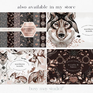 May include: A digital paper pack with a rose gold and black color scheme featuring woodland animals, wreaths, and frames. The pack is titled "Northern Woods" and is available in the Busy May Studio shop.