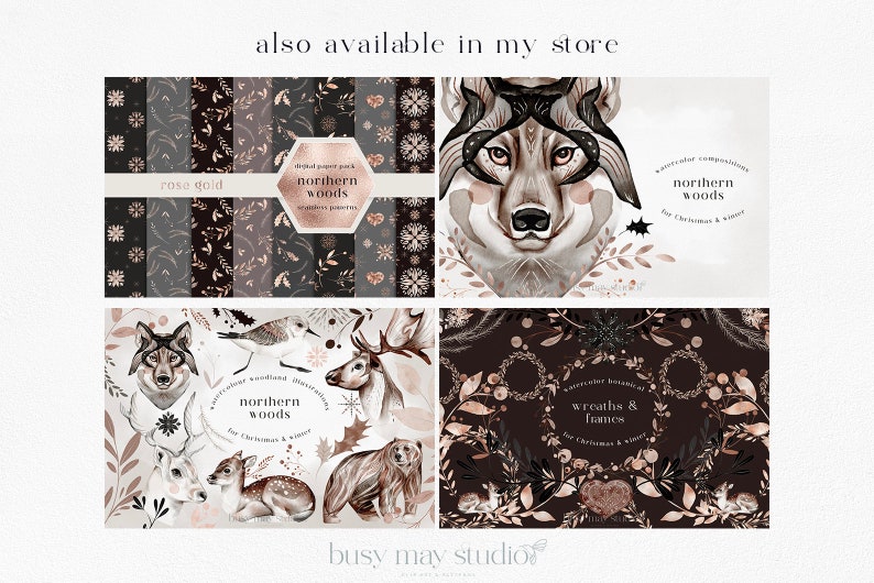 May include: A digital paper pack with a rose gold and black color scheme featuring woodland animals, wreaths, and frames. The pack is titled "Northern Woods" and is available in the Busy May Studio shop.