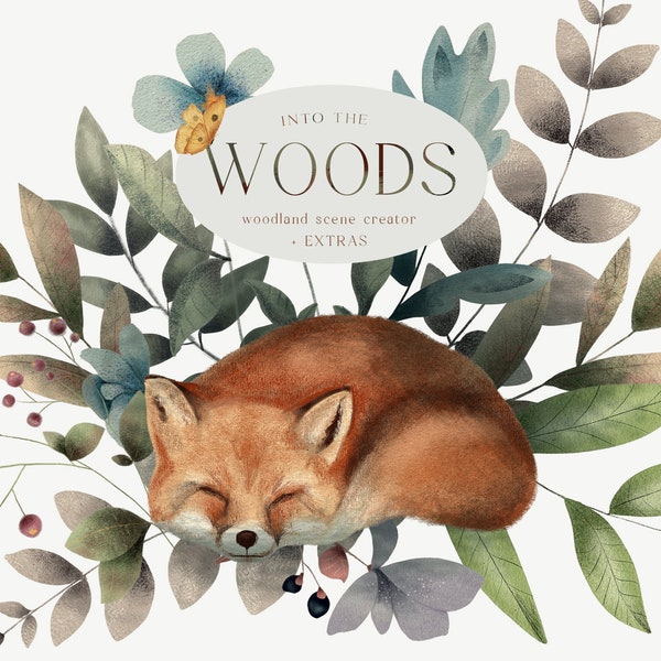 Woodland Scene Creator Forest Animals Illustrations Fox Bear Trees Flowers Butterflies Pastel Colored Pencil Hand Drawn Landscape PNG JPEG