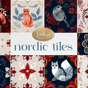 | d’art populaire de Noël | de tuiles de Noël Illustrations folkloriques scandinaves nordiques | Oiseaux folkloriques Animaux Fleurs | PNG JPEG | Décor de Noël