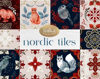 May include: A set of eight digital illustrations featuring Nordic-inspired tile designs. The tiles feature a variety of patterns and motifs, including animals, flowers, and geometric shapes. The tiles are rendered in a watercolor style with a touch of gold glitter. The text "taika" and "nordic tiles" is included in the image.