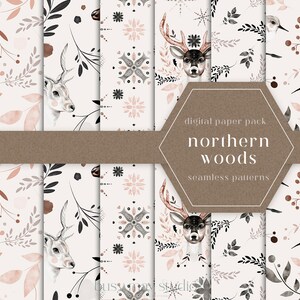 May include: A digital paper pack with 10 seamless patterns featuring a woodland theme. The patterns include deer, leaves, berries, and snowflakes in shades of pink, black, and gray on a white background. The text "northern woods" is displayed in a brown hexagon.