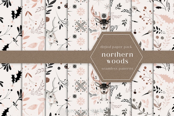 Nordic Christmas Seamless Patterns | Northern Woodland Patterns | Festive Design Patterns | Watercolor Hand Drawn Seamless Patterns PNG JPEG