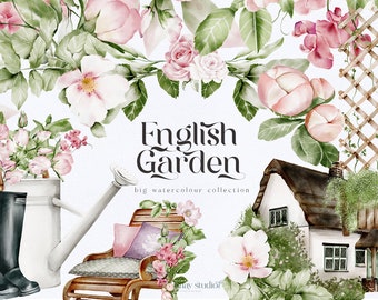May include: Watercolor illustrations of an English garden with a cottage, flowers, a watering can, and gardening boots. The text "English Garden" and "big watercolour collection" is included in the image.