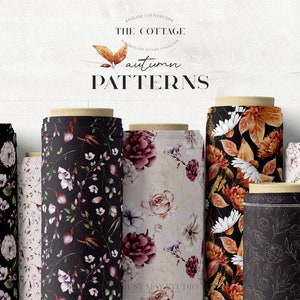Peut inclure: Un ensemble de rouleaux de tissu présentant des motifs sur le thème de l'automne. Les rouleaux sont disposés en rangée sur une surface en bois blanc. Les motifs comprennent des motifs floraux, des feuilles et des formes géométriques. Le texte "THE COTTAGE autumn PATTERNS" est affiché au-dessus des rouleaux.