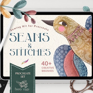 May include: A digital illustration of a sewing kit for Procreate with 40+ creative brushes. The image features a bird with a patchwork design and the text "SEAMS & STITCHES".