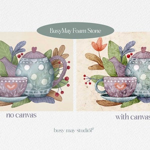 Pode incluir: Uma ilustra&ccedil;&atilde;o em aquarela de um bule de ch&aacute; e uma x&iacute;cara de ch&aacute; com um design floral. O bule &eacute; azul com bolinhas brancas e a x&iacute;cara de ch&aacute; &eacute; roxa com um design de cora&ccedil;&atilde;o. A ilustra&ccedil;&atilde;o &eacute; cercada por folhas e bagas.