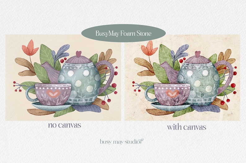 Pode incluir: Uma ilustra&ccedil;&atilde;o em aquarela de um bule de ch&aacute; e uma x&iacute;cara de ch&aacute; com um design floral. O bule &eacute; azul com bolinhas brancas e a x&iacute;cara de ch&aacute; &eacute; roxa com um design de cora&ccedil;&atilde;o. A ilustra&ccedil;&atilde;o &eacute; cercada por folhas e bagas.
