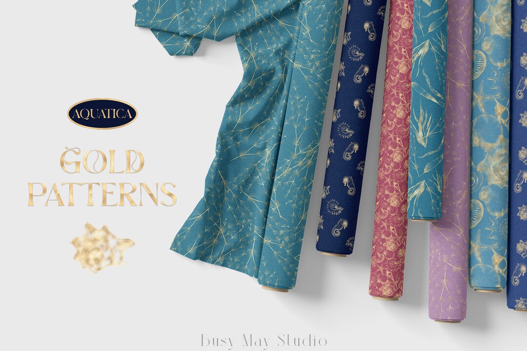 Gold Seamless Patterns | Gold Textured Seashells Seaweed Corals ...