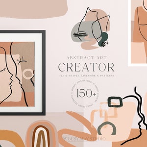 Op de afbeelding: Een afbeelding van een abstracte kunstcreator met een ingelijste print met twee gezichten in profiel. Het kunstwerk gebruikt neutrale tinten beige, bruin en zwart. De afbeelding bevat ook andere abstracte vormen en de tekst "ABSTRACT ART CREATOR".