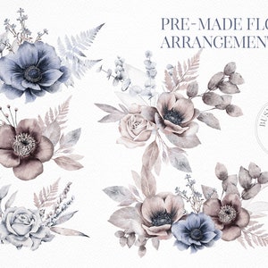 Puede incluir: Cuatro arreglos florales de acuarela en tonos azules, rosas y grises. Los arreglos presentan rosas, an&eacute;monas y helechos. El texto "PRE-MADE FLOWER ARRANGEMENTS" est&aacute; en la parte superior de la imagen. El texto "BUSY MAY STUDIO" est&aacute; en un c&iacute;rculo en la parte inferior derecha de la imagen.