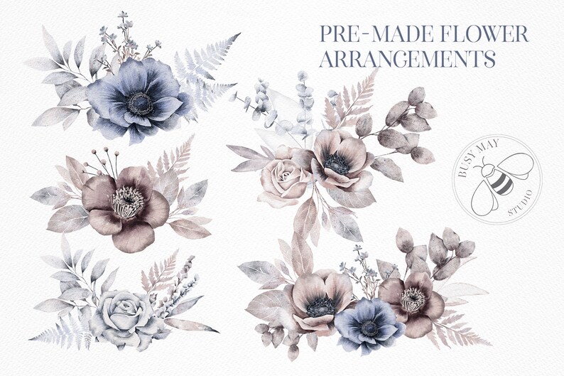 Puede incluir: Cuatro arreglos florales de acuarela en tonos azules, rosas y grises. Los arreglos presentan rosas, an&eacute;monas y helechos. El texto "PRE-MADE FLOWER ARRANGEMENTS" est&aacute; en la parte superior de la imagen. El texto "BUSY MAY STUDIO" est&aacute; en un c&iacute;rculo en la parte inferior derecha de la imagen.