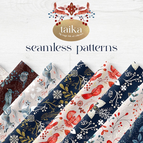 Folk Seamless Patterns | Christmas Digital Papers | Folk Birds Animals Prints | Scandinavian Nordic Finnish Russian Theme | Patterns PNG