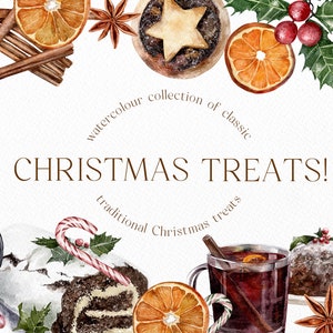 Clipart de guloseimas de Natal, clipart em aquarela, pudim festivo de Natal tradicional Mince Pies Candy Cane Jul Log Gingerbread Man Anis