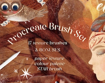 以下が含まれることがあります： Procreateブラシセットには、17種類のテクスチャブラシとボーナスが含まれており、紙のテクスチャ、カラーパレット、スターブラシが含まれています。画像には、フクロウ、三日月、花柄のヘッドバンドをした女性の幻想的なイラストが描かれています。