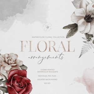 Watercolor Flowers Flower Arrangement Leaves Bouquet Roses Valentines Wedding Hand Painted PNG Anemones Bouquet Remplissrs Wall Art Invitations