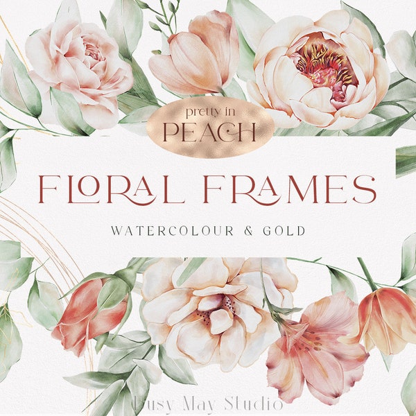 Floral and Gold Geometric Frames | Spring Flowers | Watercolour Flower Illustrations | Hand Painted Flowers | Tulips Roses Peonies | PNG