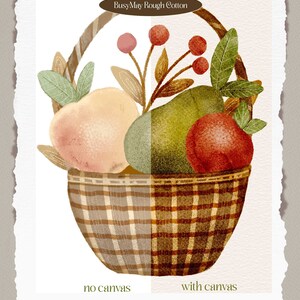 Pode incluir: Uma ilustra&ccedil;&atilde;o de aquarela de uma cesta cheia de frutas. A cesta &eacute; quadriculada em marrom e branco. A fruta inclui um p&ecirc;ssego, uma p&ecirc;ra e uma ma&ccedil;&atilde;. A ilustra&ccedil;&atilde;o &eacute; dividida em duas, com o lado esquerdo mostrando a ilustra&ccedil;&atilde;o sem textura de tela e o lado direito mostrando a ilustra&ccedil;&atilde;o com textura de tela. O texto "BusyMay Rough Cotton" est&aacute; no topo da imagem. O texto "no canvas" est&aacute; abaixo do lado esquerdo da imagem. O texto "with canvas" est&aacute; abaixo do lado direito da imagem. O texto "busy may studio" est&aacute; na parte inferior da imagem.