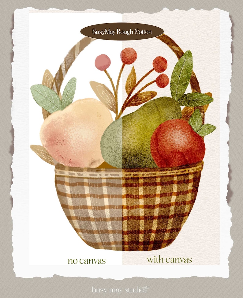 Pode incluir: Uma ilustra&ccedil;&atilde;o de aquarela de uma cesta cheia de frutas. A cesta &eacute; quadriculada em marrom e branco. A fruta inclui um p&ecirc;ssego, uma p&ecirc;ra e uma ma&ccedil;&atilde;. A ilustra&ccedil;&atilde;o &eacute; dividida em duas, com o lado esquerdo mostrando a ilustra&ccedil;&atilde;o sem textura de tela e o lado direito mostrando a ilustra&ccedil;&atilde;o com textura de tela. O texto "BusyMay Rough Cotton" est&aacute; no topo da imagem. O texto "no canvas" est&aacute; abaixo do lado esquerdo da imagem. O texto "with canvas" est&aacute; abaixo do lado direito da imagem. O texto "busy may studio" est&aacute; na parte inferior da imagem.