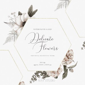 Aquarelle et cadre géométrique d’or | Cadre individuel| Aquarelle Fleurs anniversaire de mariage Mères Jour Carte-cadeau Roses Leaves Gold Foil PNG