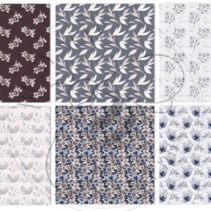May include: Six digital paper patterns featuring watercolor floral designs in shades of blue, pink, and brown. The patterns include various floral arrangements, leaves, and branches.