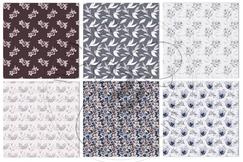 May include: Six digital paper patterns featuring watercolor floral designs in shades of blue, pink, and brown. The patterns include various floral arrangements, leaves, and branches.