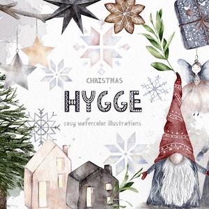 Hygge Clip Art natalizia, clipart ad acquerello, elementi del logo, accoglienti biscotti gnomi domestici natalizi natalizi Acquerello Chritsmas Hanging Decos