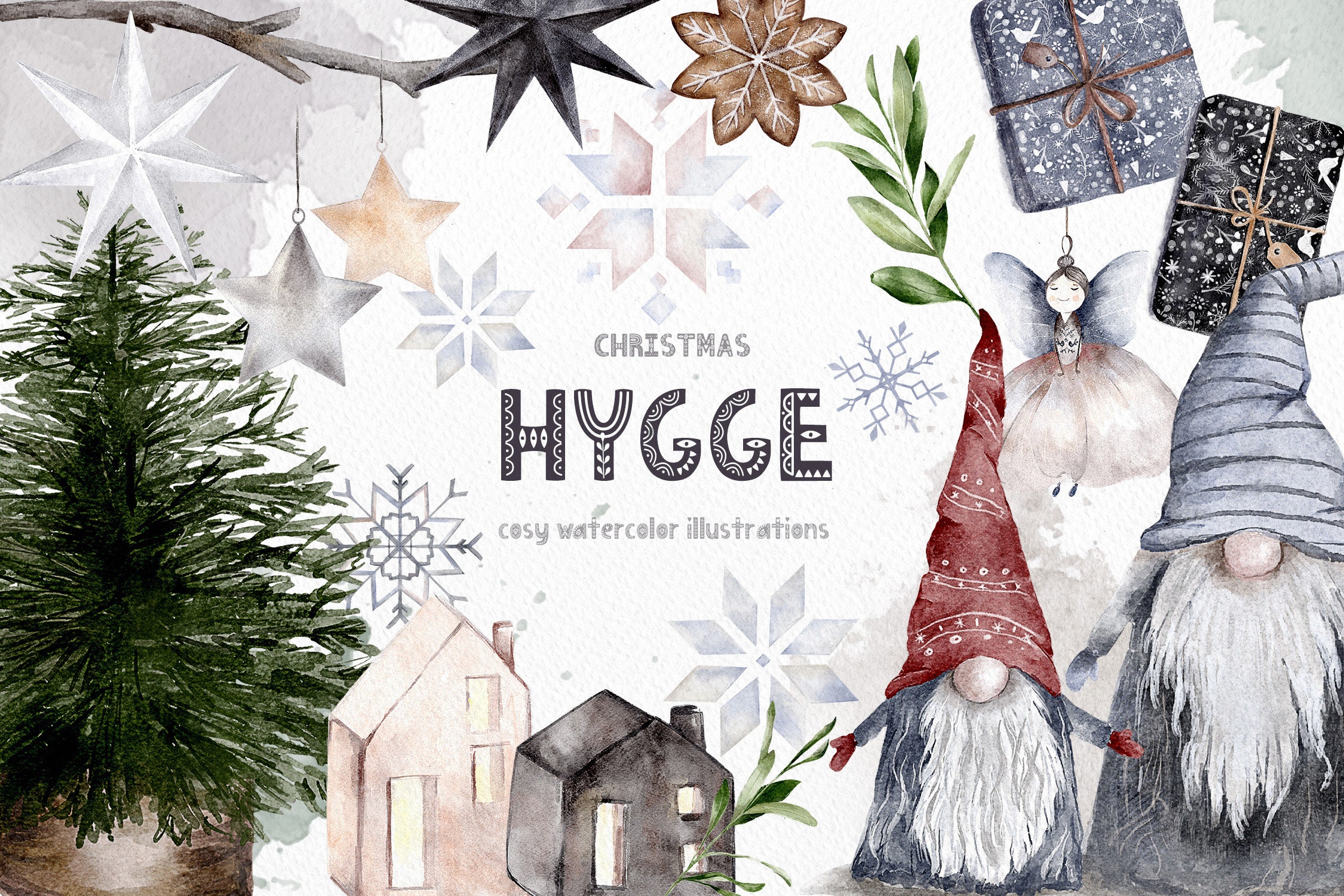 Hygge Christmas Clip Art Watercolour Clipart Logo Elements Etsy