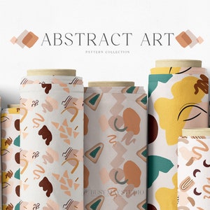 May include: A collection of fabric rolls with abstract patterns in shades of brown, yellow, green, and pink. The fabric rolls are arranged in a row on a white background. The text "ABSTRACT ART PATTERN COLLECTION" is displayed above the rolls.