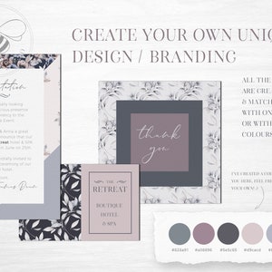 May include: A floral design template for creating unique branding. The template features a color palette with six colors, a thank you card, and an invitation card with the text "The Retreat Boutique Hotel & SPA".