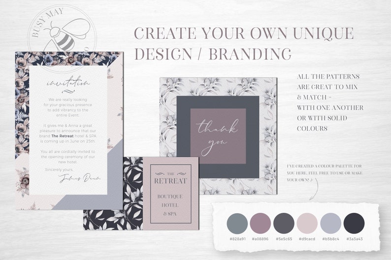 May include: A floral design template for creating unique branding. The template features a color palette with six colors, a thank you card, and an invitation card with the text "The Retreat Boutique Hotel & SPA".