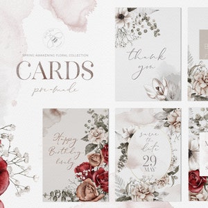 Watercolor Floral Cards Wedding Valentines Day Pre-made Cards JPEG High Resolution Flowers Flower Arrangements CMYK with bleed Roses Anemone