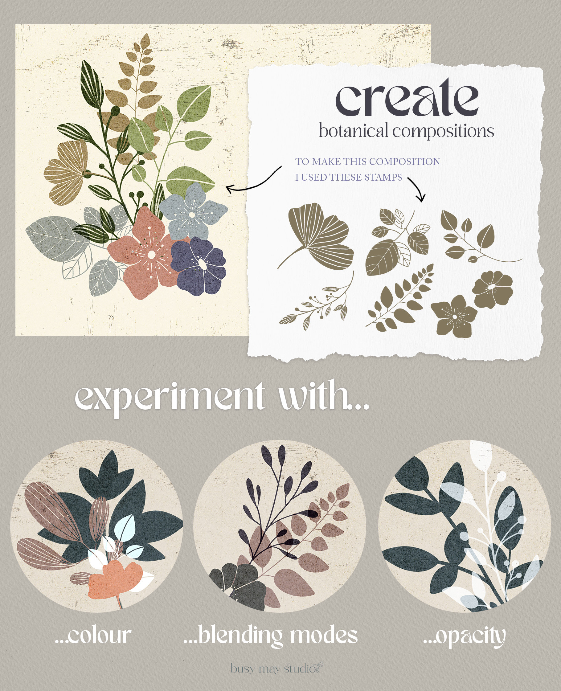Botanical Flowers Leaves Procreate Stamp Brushes | Procreate Floral ...