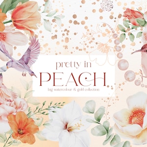 Preciosa colección de flores y diamantes de acuarela grande / acuarela de melocotón / flores pájaros Clip Art / PNG / perlas y diamantes