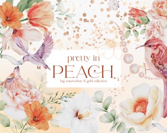 May include: Watercolor illustration of peach-colored flowers, leaves, and birds with gold accents. The text "pretty in PEACH. big watercolour & gold collection" is displayed in the center of the image.