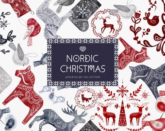Scandinavian Christmas clip art, watercolour clipart, logo elements, Swedish horse, folk art, reindeer, folk birds, nordic design, scandic