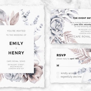Puede incluir: Una invitaci&oacute;n de boda con un dise&ntilde;o floral de acuarela en tonos azules y rosas. La invitaci&oacute;n dice "Est&aacute;s invitado a la boda de Emily & Henry" e incluye la fecha, la hora y el lugar de la boda. La tarjeta RSVP incluye un espacio para que los invitados indiquen su asistencia.